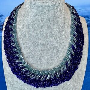 Vintage Blues Glass Seed Bead Multi Stand Braided Collar 16” + 3” extension